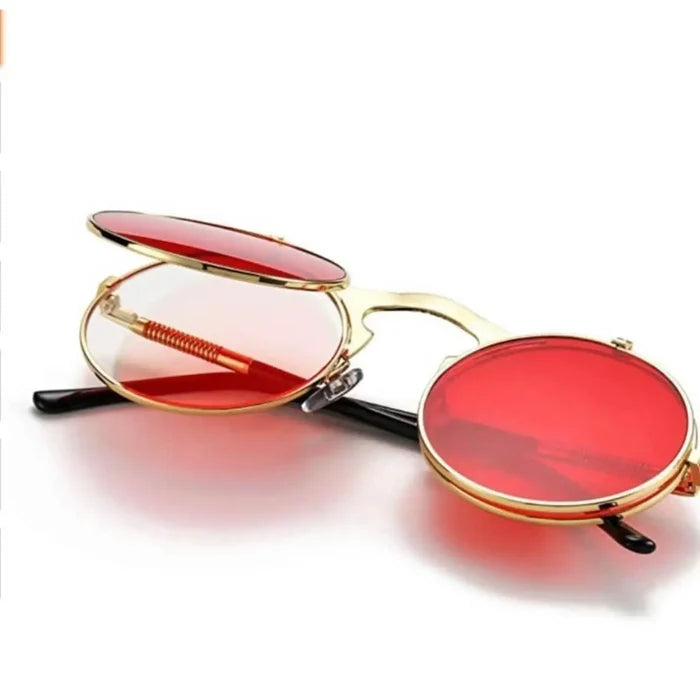 red gold frame Vintage Round Flip Up Gray Sunglasses with UV400 lenses, metal frame, adjustable nose pads, and steampunk style