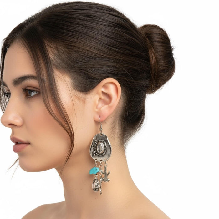 Woman wearing right side view  Vintage Silver Cowboy Hat Charm Dangle Earrings with turquoise accents and boot charms women's / Osfm