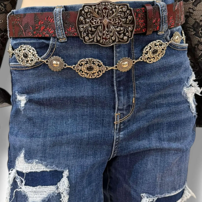 Vintage Western Concho Chain Belt antique silver or gold with faux stone detail. Adjustable waist or hip styling for boho, Y2K, and festival outfits.