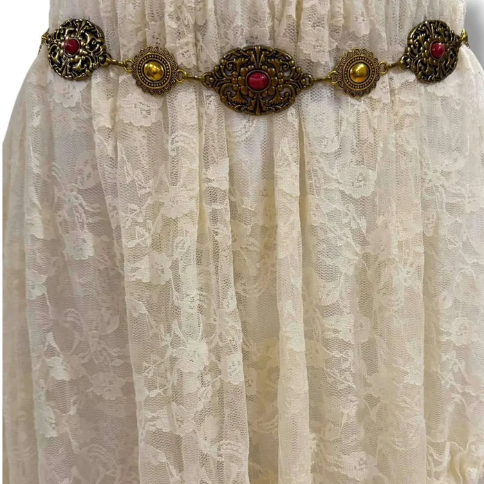 Vintage western Concho Chain Belt antique silver or gold with faux stone detail. Adjustable waist or hip styling for boho, Y2K, and festival outfits.