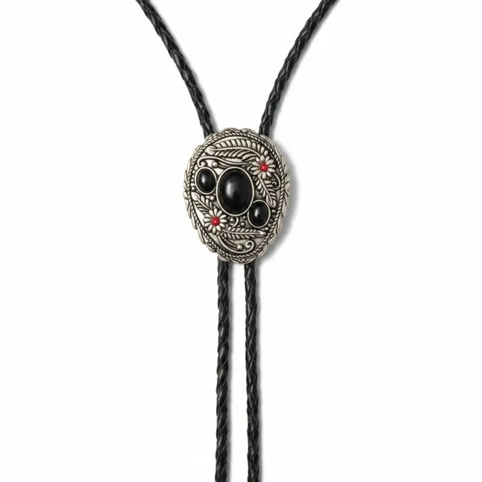 Vintage Western Floral Stone Bolo Tie with faux stone centerpiece, red accents and braided leather cord / black / unisex