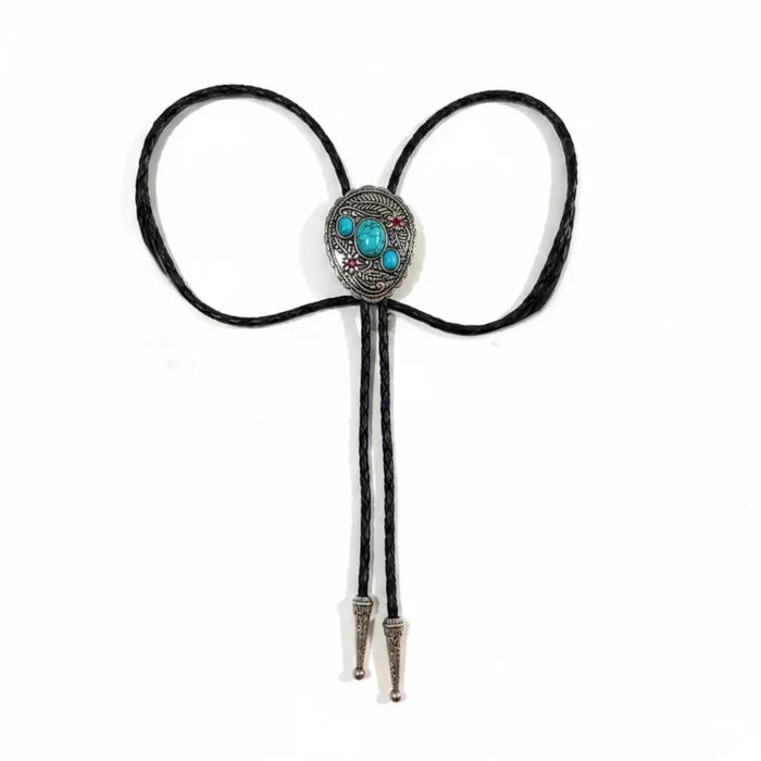 Vintage Western Floral Stone Bolo Tie with faux stone centerpiece, red accents and braided leather cord / turquoise color / unisex