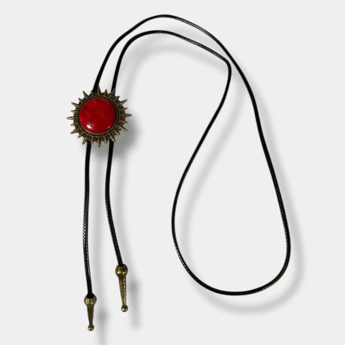 Vintage Western Red Sun Bolo Tie gothic, punk cosmic sun celestial antique gold starburst pendant silder brown cord / unisex / osfm