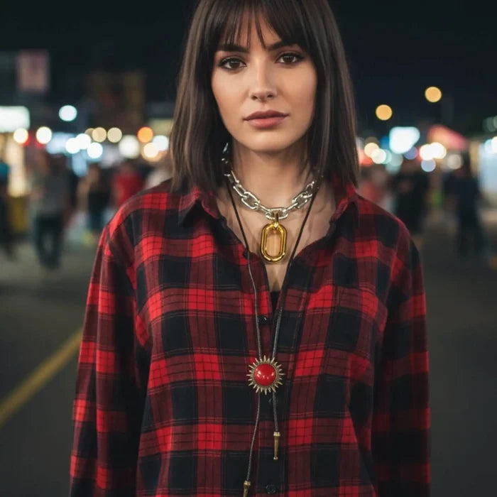 Woman wearing red flannel shirt Vintage Western Red Sun Bolo Tie Vintage Western Red Sun Bolo Tie gothic, punk cosmic sun celestial antique gold starburst pendant silder brown cord / unisex / osfm