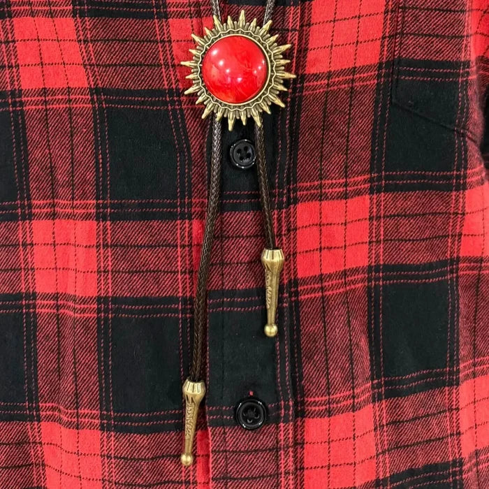 red flannel shirt Vintage Western Red Sun Bolo Tie gothic, punk cosmic sun celestial antique gold starburst pendant silder brown cord / unisex / osfm