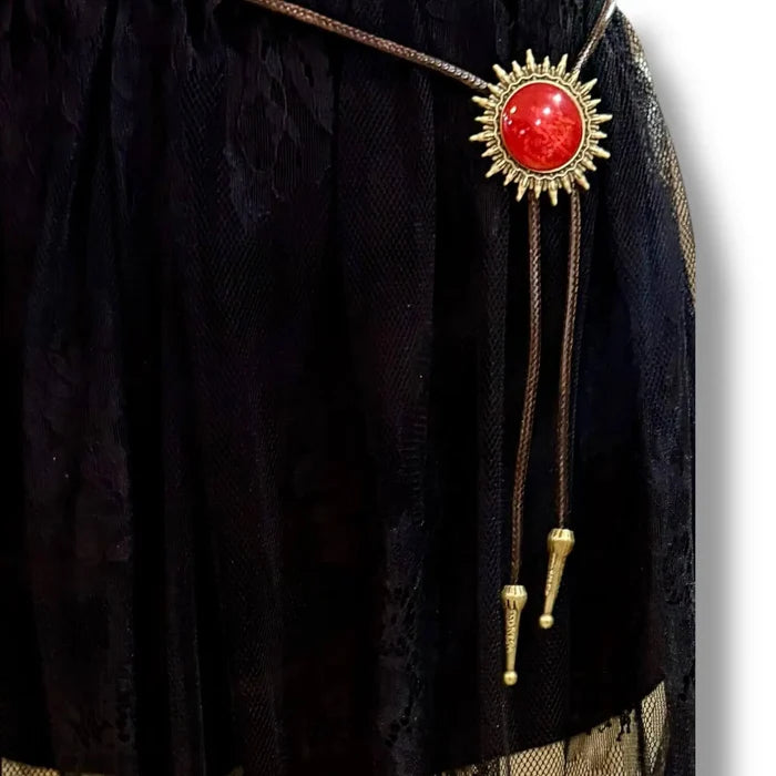 black lace fabric Vintage Western Red Sun Bolo Tie gothic, punk cosmic sun celestial antique gold starburst pendant silder brown cord / unisex / osfm