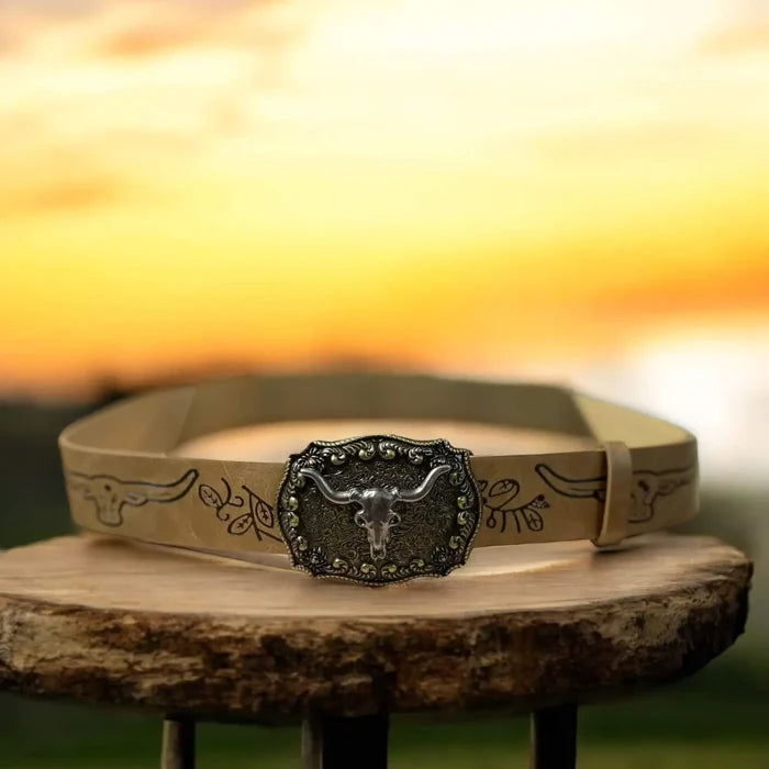 woman wearing Western Belt with Gold Silver Steer Buckle and tan floral faux leather strap / one size / women's