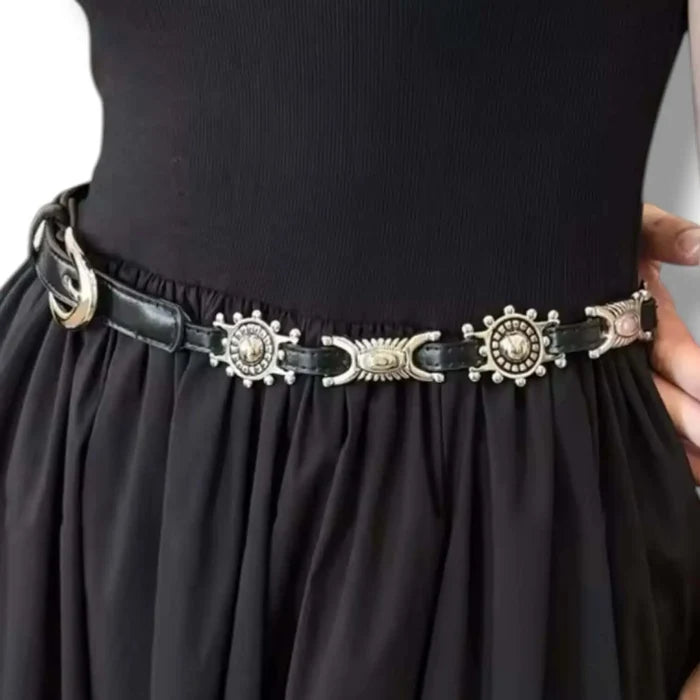 Western Black Leather Silver Sunburst Skinny Belt with silver sunburst concho links and faux leather strap detailed buckle design