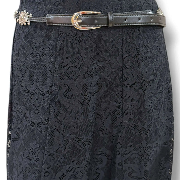 Western Black Leather Silver Sunburst Skinny Belt with silver sunburst concho links and faux leather strap detailed buckle design
