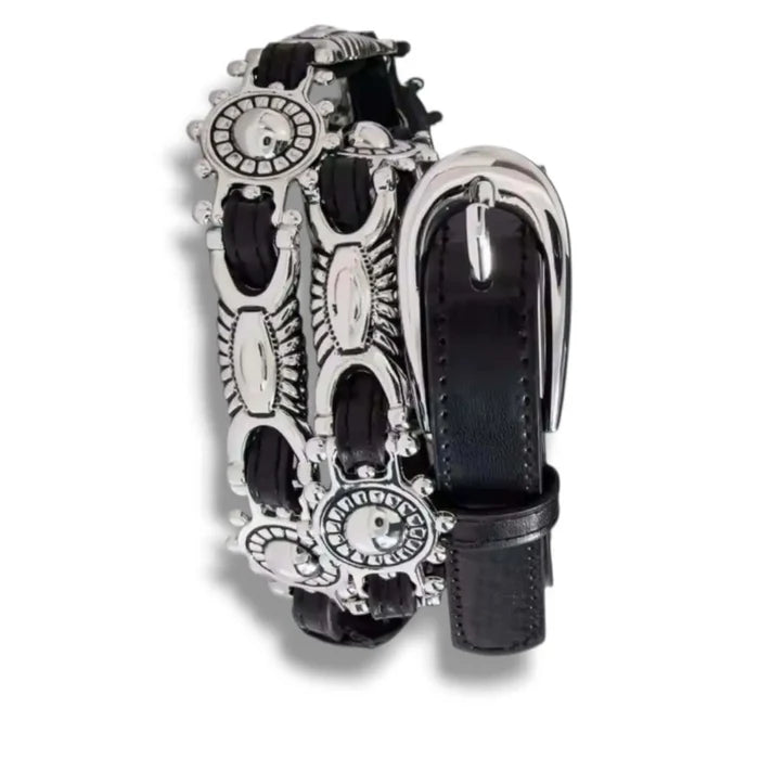 Western Black Leather Silver Sunburst Skinny Belt with silver sunburst concho links and faux leather strap detailed buckle design