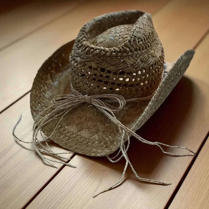 woman wearing Western Brown Coastal Straw Cowboy Hat  braided beaded cowrie seashells band  back view hemp tie m/l  unisex