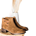 Western Brown Suede Leather Ankle Boots with contrast gore panels and patterned stacked heel 8.5