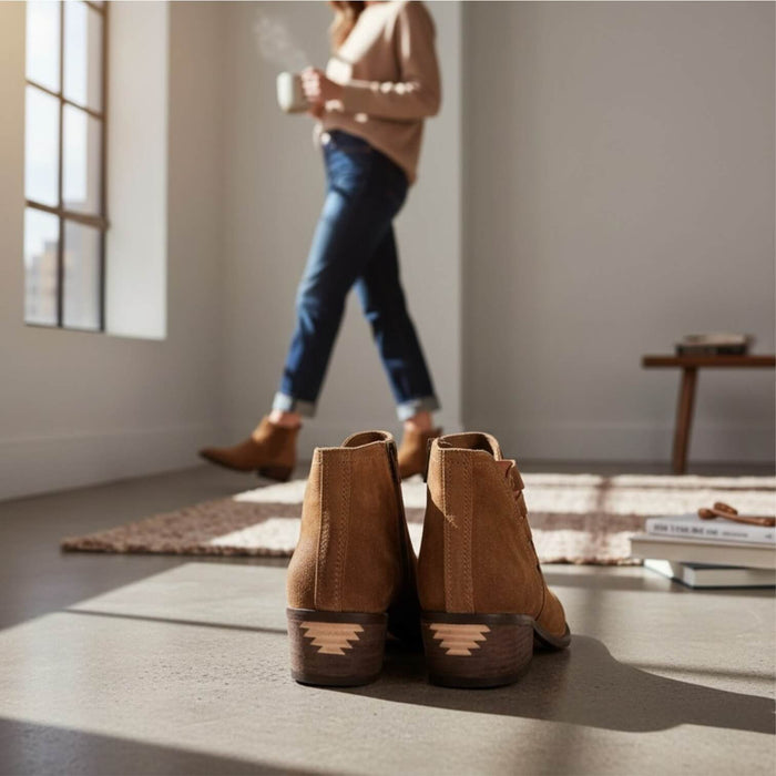 Western Brown Suede Leather Ankle Boots with contrast gore panels and aztec patterned stacked heel 8.5