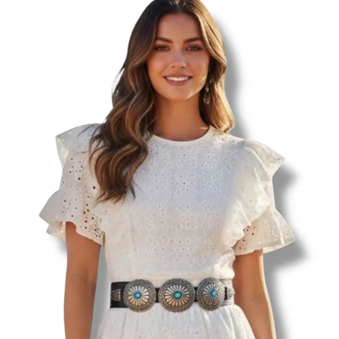 black western concho leather wide belt with 3 silver floral conchos and turquoise-color centers