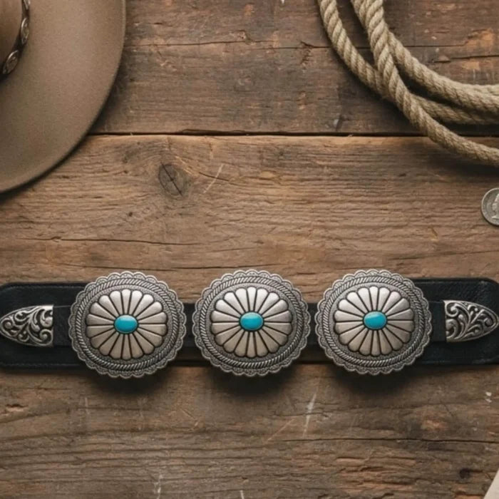 Western Concho Leather Wide Belt - black/silver / One size / Concho Leather Wide Belt - Women’s Belts
