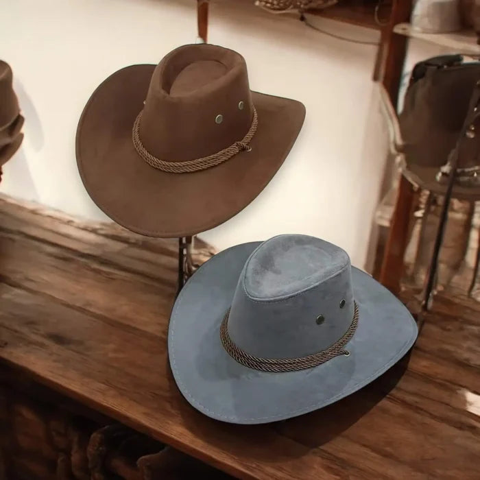 Cowboy Hats in brown or gray with chin straps for a cowgirl core or cowboy core festival fashion western hat
