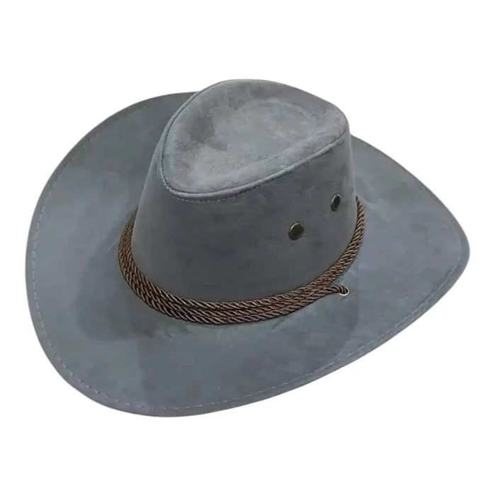 Gray foldable cowboy hat with chin strap and wide brim – breathable vented crown design for sun protection and everyday outdoor fashion