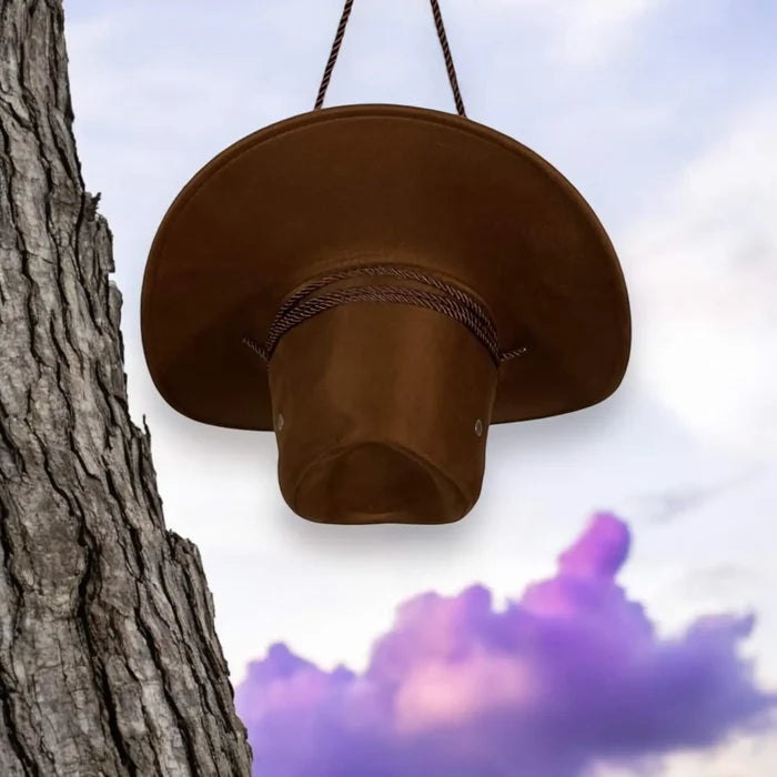 Brown western hat with 4-inch brim and braided chin strap – unisex boho western style for festivals, camping, or casual travel looks