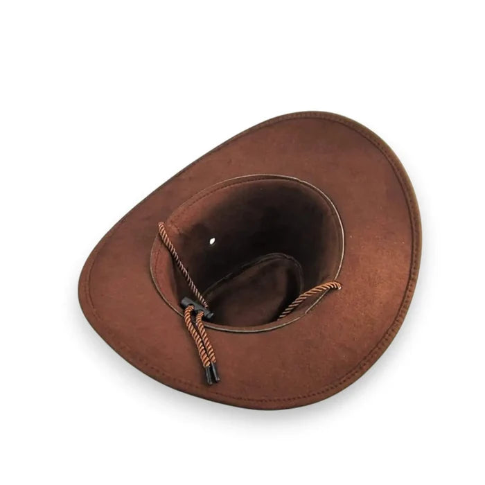 Underneath Brown western hat with 4-inch brim and braided chin strap – unisex boho western style for festivals, camping, or casual cowboy hat
