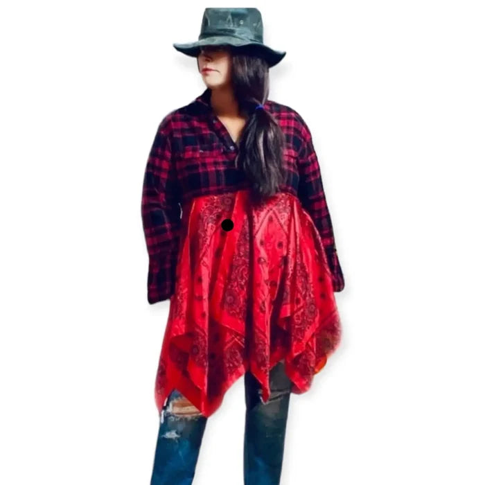 Western Flannel Long Duster Jacket - One size / Adults / Black/Red Western Flannel Duster Shirt - Shirt Jackets