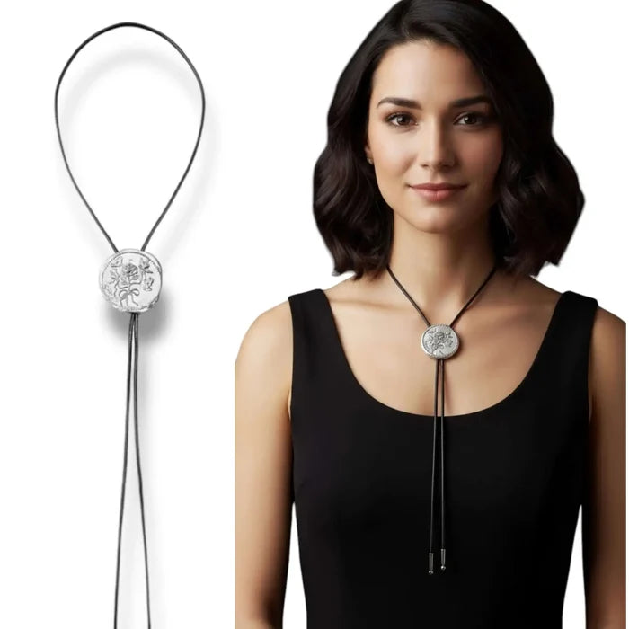 Western Floral Pendant Bolo Tie large silver floral necktie coastal cowgirl formal or casual jewelry adjustable necklace worn on woman