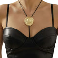 Western Floral Pendant Bolo Tie large gold floral cowgirl necktie mid line neckline casual necktie on woman