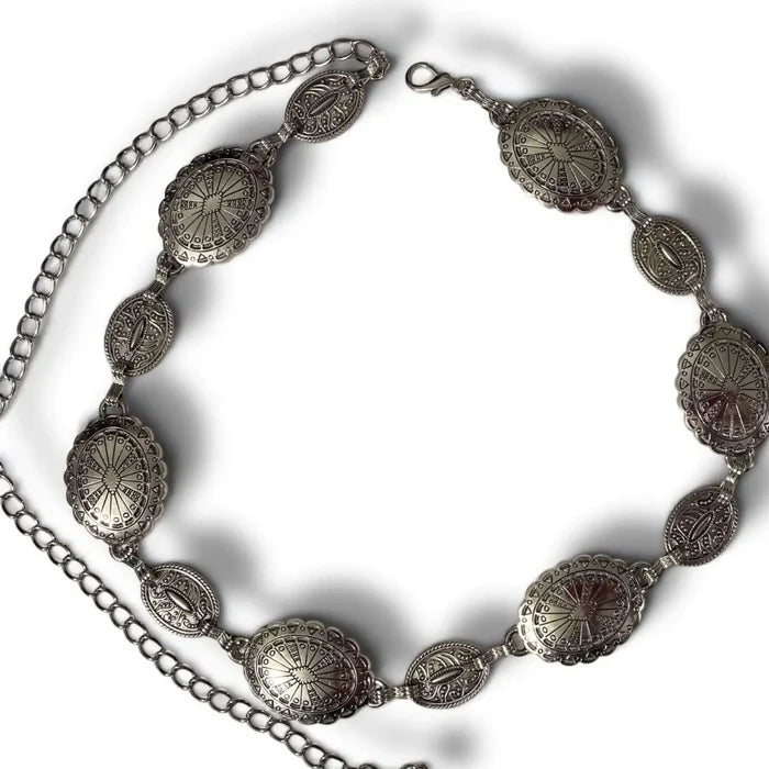 Western Flower Concho Link Chain Belt antique silver western etched oval tribal link adjustable one size