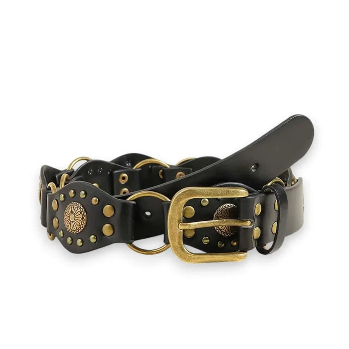 Western Leather Link Medallion Belt  black brass studded buckle cinch belt