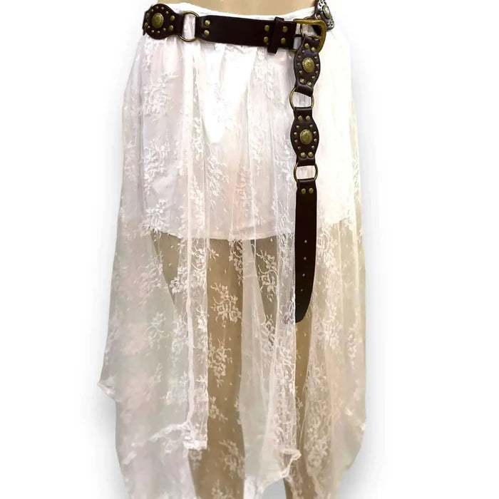 Western Leather Link Medallion Belt  dark brown brass studded buckle cinch belt
