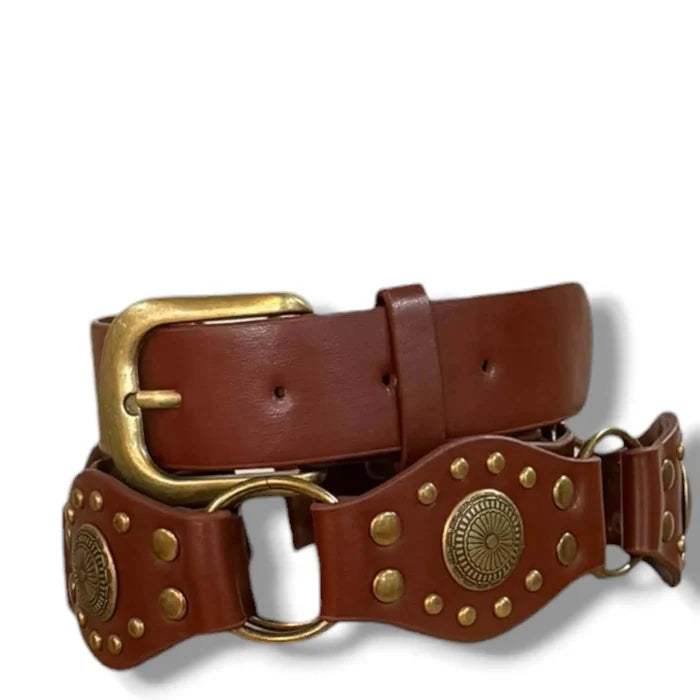 Western Leather Link Medallion Belt  reddish brown brass studded buckle cinch belt flat lay