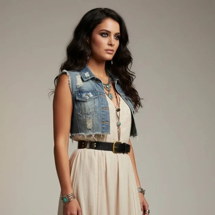 woman wearing buckled Western Leather Link Medallion Belt  reddish brown brass studded buckle cinch belt