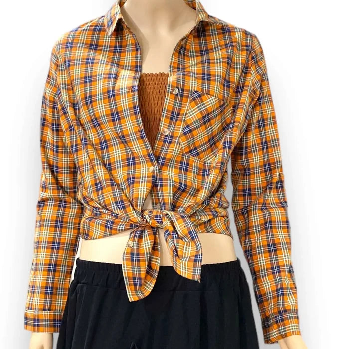 Western Orange Plaid Button Up Shirt women's year round boho western attire