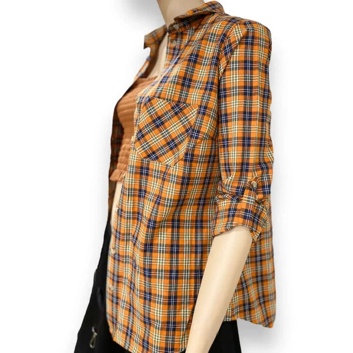 Western Orange Plaid Button Up Shirt women's year round boho western attire