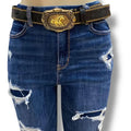 Western Oversized Gold Horse Buckle Belt black gold trim floral strap gold barb wire running horse buckle unisex style