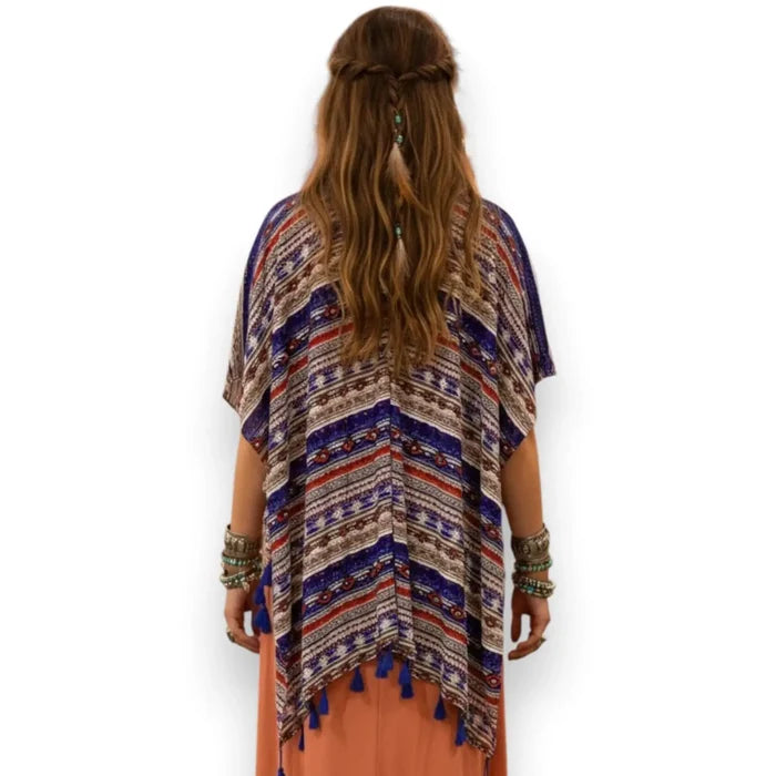 Western Print Lightweight Fringe Cardigan Cover open front with colorful tribal print