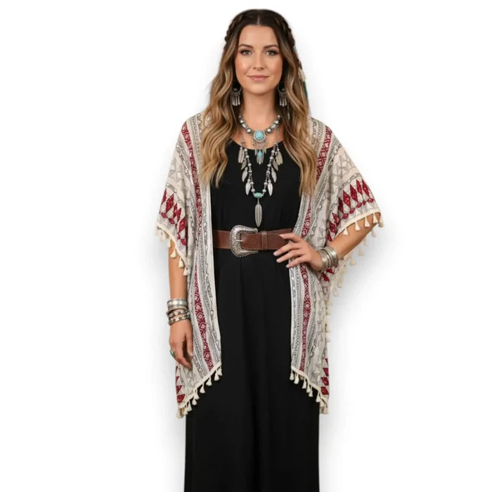 Western Print Lightweight Fringe Cardigan Cover open front with colorful diamond design one size fits most