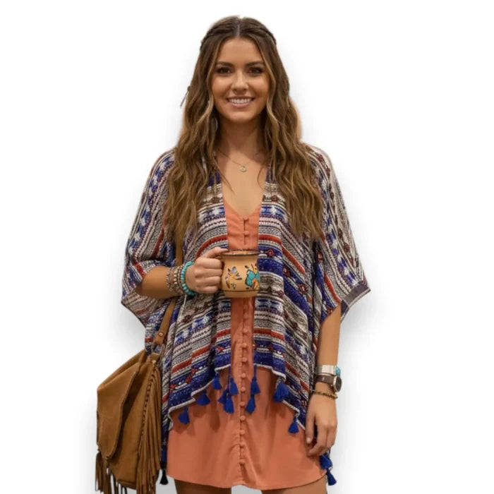 Western Print Lightweight Fringe Cardigan Cover open front with colorful tribal print