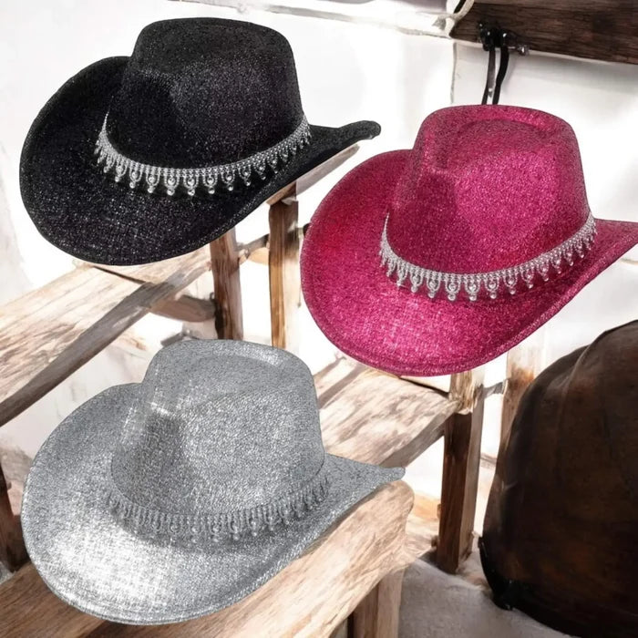 sparkle pinched crown and dazzling rhinestone band – Western Rhinestone Cowboy Hat pink, silver, and black glittery hats