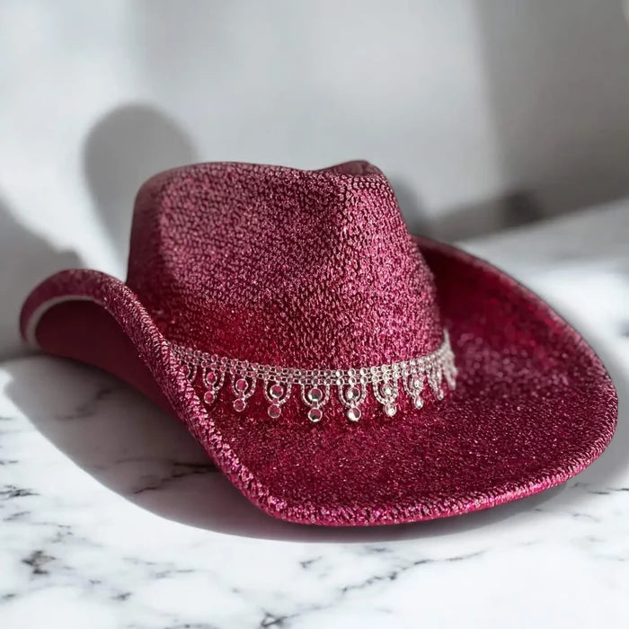 Rose red sparkle pinched crown and dazzling rhinestone band – Western Rhinestone Cowboy Hat
