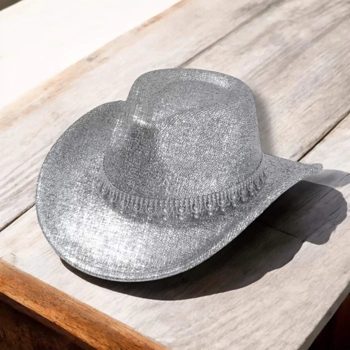 Silver glitter sparkle pinched crown and dazzling rhinestone band – Western Rhinestone Cowboy Hat