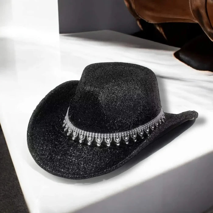 Black rhinestone sparkle pinched crown and dazzling rhinestone band – Western Rhinestone Cowboy Hat