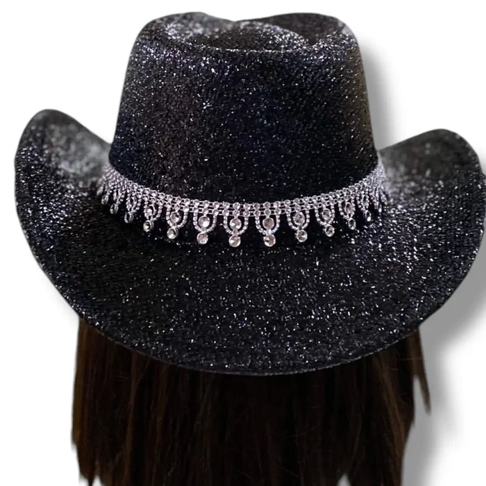 Back view of black sparkle pinched crown and dazzling rhinestone band – Western Rhinestone Cowboy Hat