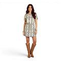 Woman wearings Tan Blue Western Short Sleeve Tribal Tunic Dress Small