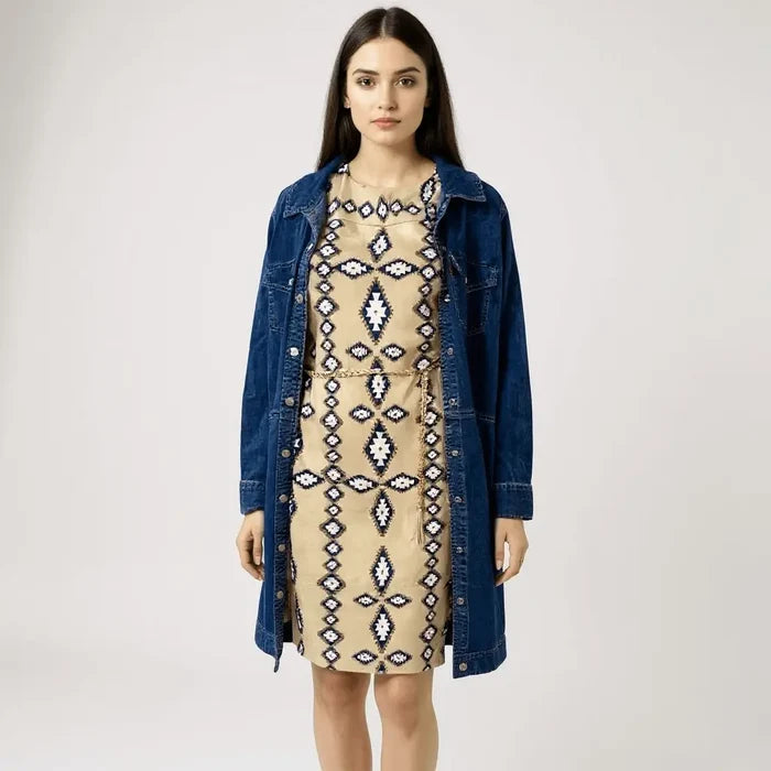 Woman wearings Tan Blue Western Short Sleeve Tribal Tunic Dress Small with denim duster