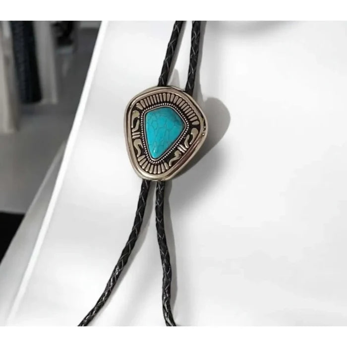 Western silver gem bolo tie with upside-down teardrop faux turquoise or black onyx slider, tribal engraved antique silver slide, genuine leather braided cord and silver tips