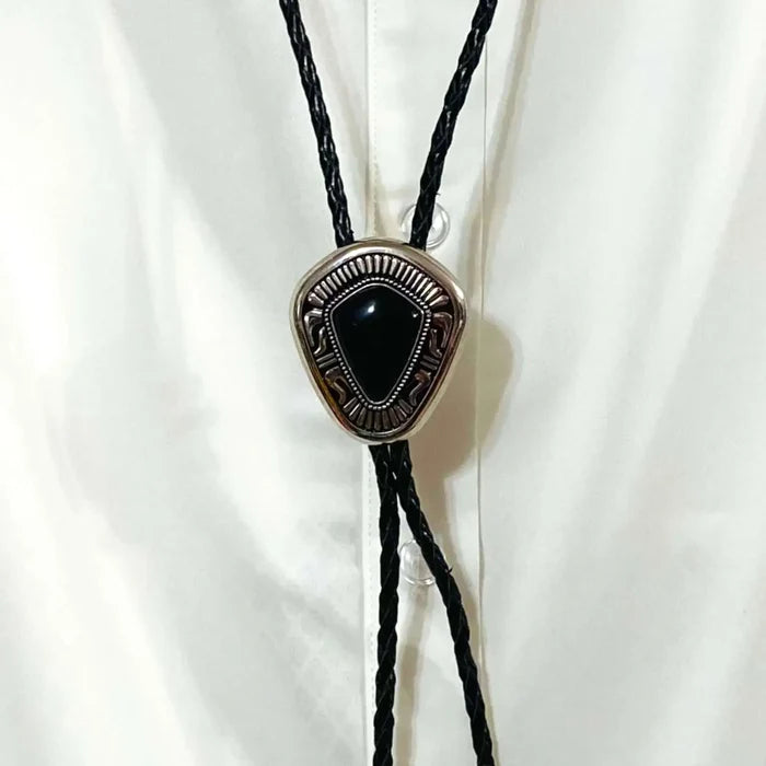 Western silver gem bolo tie with upside-down teardrop faux turquoise or black onyx slider, tribal engraved antique silver slide, genuine leather braided cord and silver tips