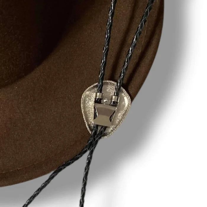 Western silver gem bolo tie with upside-down teardrop faux turquoise or black onyx slider, tribal engraved antique silver slide, genuine leather braided cord and silver tips