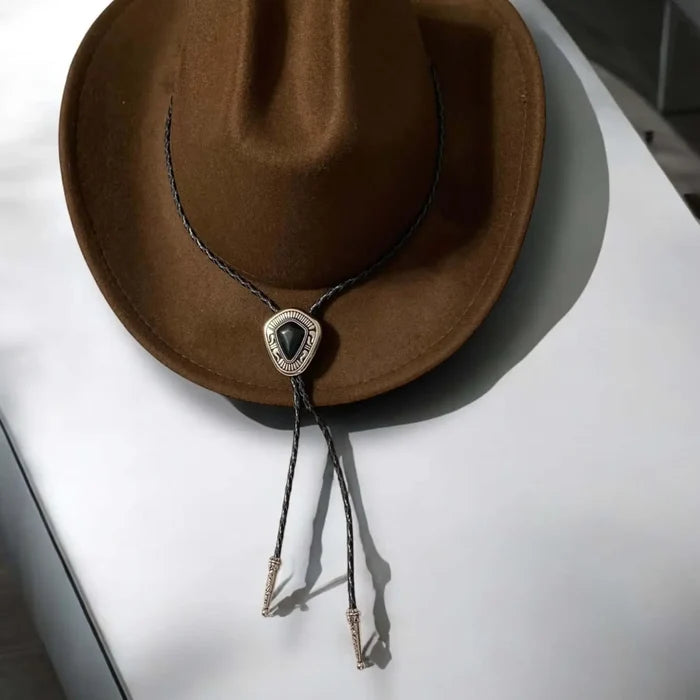 Western silver gem bolo tie with upside-down teardrop faux turquoise or black onyx slider, tribal engraved antique silver slide, genuine leather braided cord and silver tips