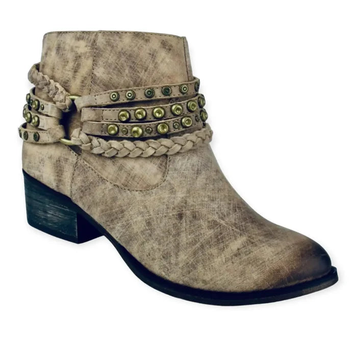 Western Tan Leather Braided Ankle Boots Textured Brass Studded Straps