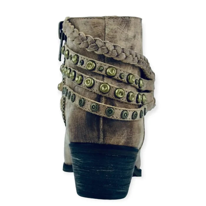 Western Tan Leather Braided Ankle Boots Back Shaft and Rubber Heel